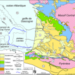 Carte géologique simplifiée de la région Nouvelle-Aquitaine, des régions limitrophes et de la marge continentale